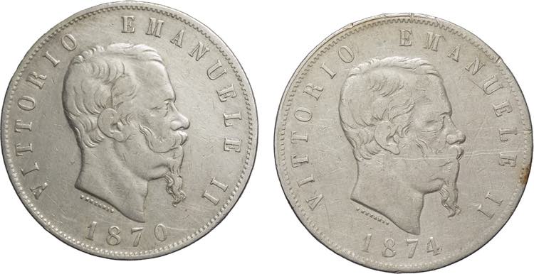 lotto 2 monete 5 lire 1870/1874 - ... 