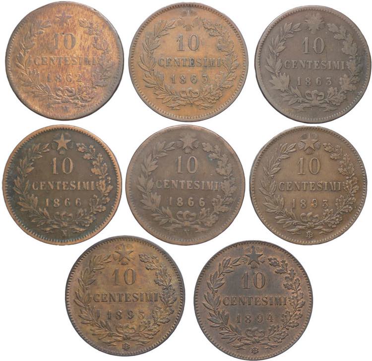 Lotto di 8 monete da 10 centesimi ... 