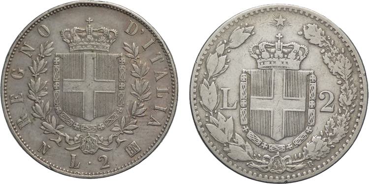 lotto 2 monete da 2 Lire 1863/1884 ... 