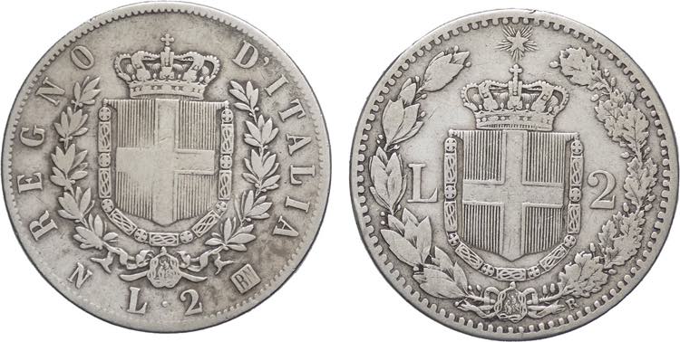 lotto 2 monete da 2 Lire 1863 ... 