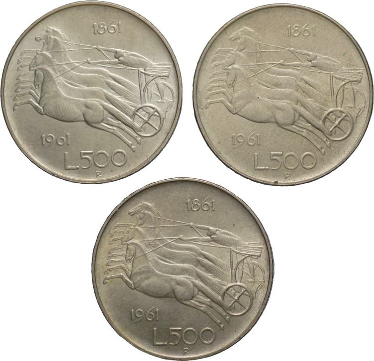 lotto di 3 monete da 500 Lire 1961 ... 
