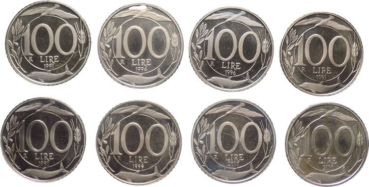 lotto di 8 monete da 100 Lire - ... 
