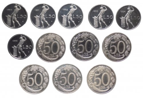 lotto di 13 monete da 50 Lire - ... 