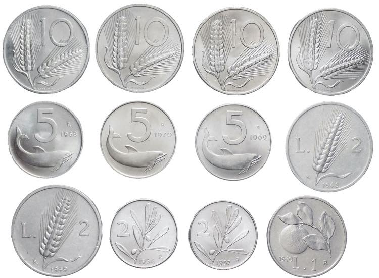 Lotto di 12 monete da 1 a 10 lire  ... 
