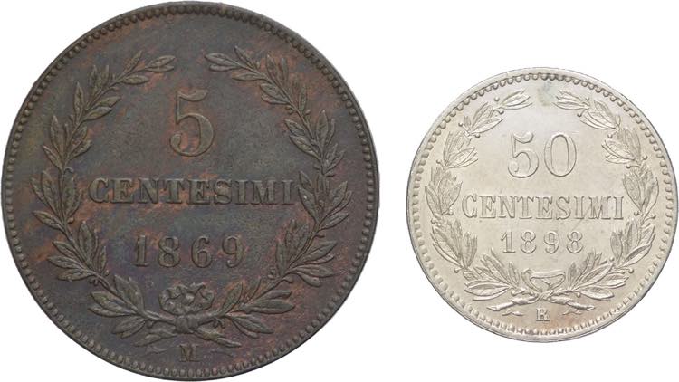 Lotto 2 monete da 5 Centesimi 1869 ... 