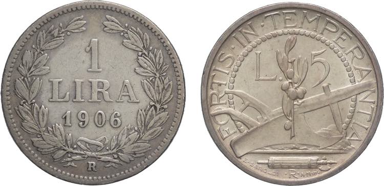Lotto 2 monete da 1 Lira 1906 e 5 ... 