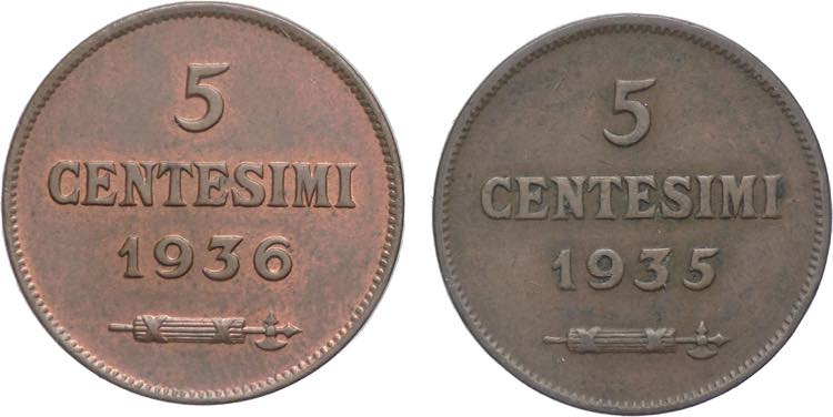 lotto 2 monete da 5 Centesimi 1936 ... 