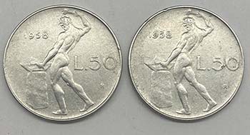 Lotto n.2 pz 50 Lire Vulcano 1958 ... 