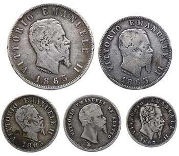 Lotto n.5 monete: VEII 2 Lire 1863 ... 