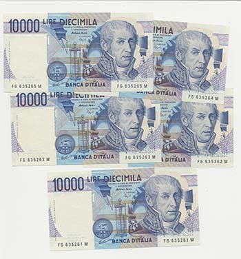 Lotto n.5 banconote 10mila Lire ... 