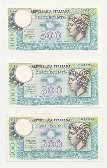 Lotto n.3 Banconote : 500 Lire ... 