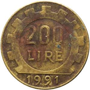 200 lire 1991  - asse del R/ di 80° - Ba