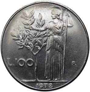 100 lire 1978 tipo Minerva I°tipo - asse ... 