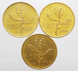 Lotto di 3 monete da 20 lire tipo ramo di ... 