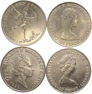 Guernesey - lotto di 4 monete da 25 pence e ... 