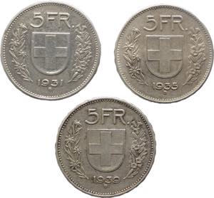 Svizzera - lotto di 3 monete da 5 franchi ... 