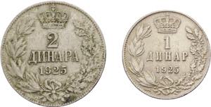 Serbia - lotto di 2 monete da 1 e 2 Dinara ... 