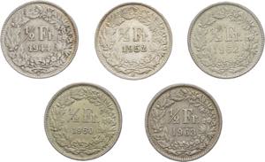 Svizzera - lotto di 5 monete da 1/2 franco ... 