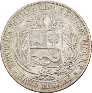 Perù - repubblica (dal 1822) - 5 Pesetas ... 