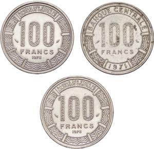 Congo e Ciad - Lotto 3 monete da 100 franchi ... 