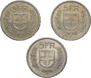 Svizzera - Lotto di 3 monete da 5 franchi ... 