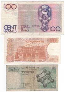 Belgio - lotto di 3 banconote da 100, 50 e ... 