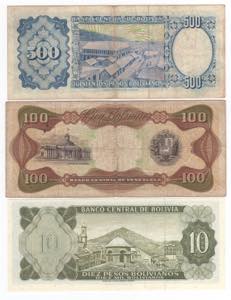 Bolivia - lotto di 3 banconote da 500, 100 e ... 