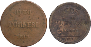 Lotto di 2 monete: 8 tornesi 1817 e 5 ... 