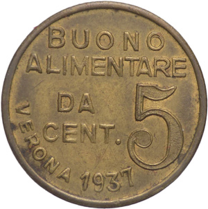 Gettone da 5 centesimi Buono Alimentare 1937 ... 