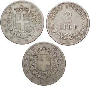 Vittorio Emanuele II lotto di 3 monete da 2 ... 