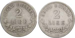 Vittorio Emanuele II- Lotto di 2 monete da 2 ... 