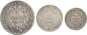 Francia - Lotto 3 monete da 1 Franco, 50 e ... 