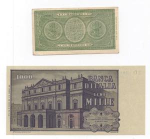 lotto di 2 banconote da 1 Lira e 1000 Lire
