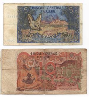 Algeria - lotto di 2 banconote 10 e 5 Dinari ... 