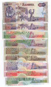 Zambia - lotto di 9 banconote