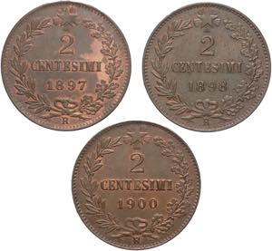 Lotto 3 monete da 2 centesimi 1897-1898-1900 ... 