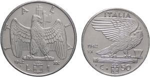 Lotto 2 monete da 1 lira e 50 centesimi 1942 ... 