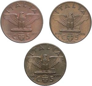 Lotto 3 monete 5 centesimi impero 1938 (I° ... 