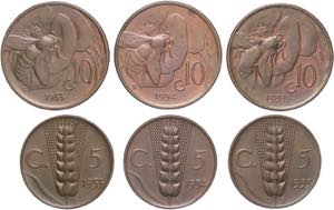 Lotto di 6 monete: 5 centesimi spiga 1933, ... 