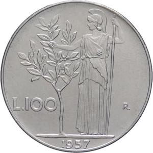 100 lire 1957 - Minerva I° tipo - Ac - Gig. ... 