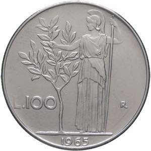 100 lire 1965 - Minerva - Ac - I° tipo - ... 