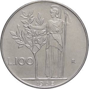 100 lire 1968 - Minerva I° tipo - Ac - Gig. ... 