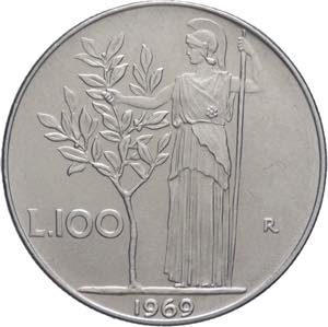 100 lire 1969 - Minerva I° tipo - Ac - Gig. ... 