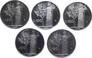 lotto di 5 monete da 100 lire - Minerva - ... 