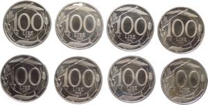 lotto di 8 monete da 100 Lire - dal 1993 al ... 
