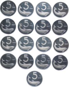 lotto di 18 monete da 5 Lire - Delfino - ... 