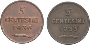 lotto 2 monete da 5 Centesimi 1936 -1935 - ... 