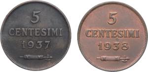 Lotto 2 monete da 5 Centesimi 1937 - 1938 - ... 