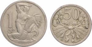 Cecoslovacchia - lotto di 2 monete, 1 Koruna ... 