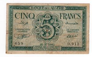 Algeria - 5 Francs 1942 ... 